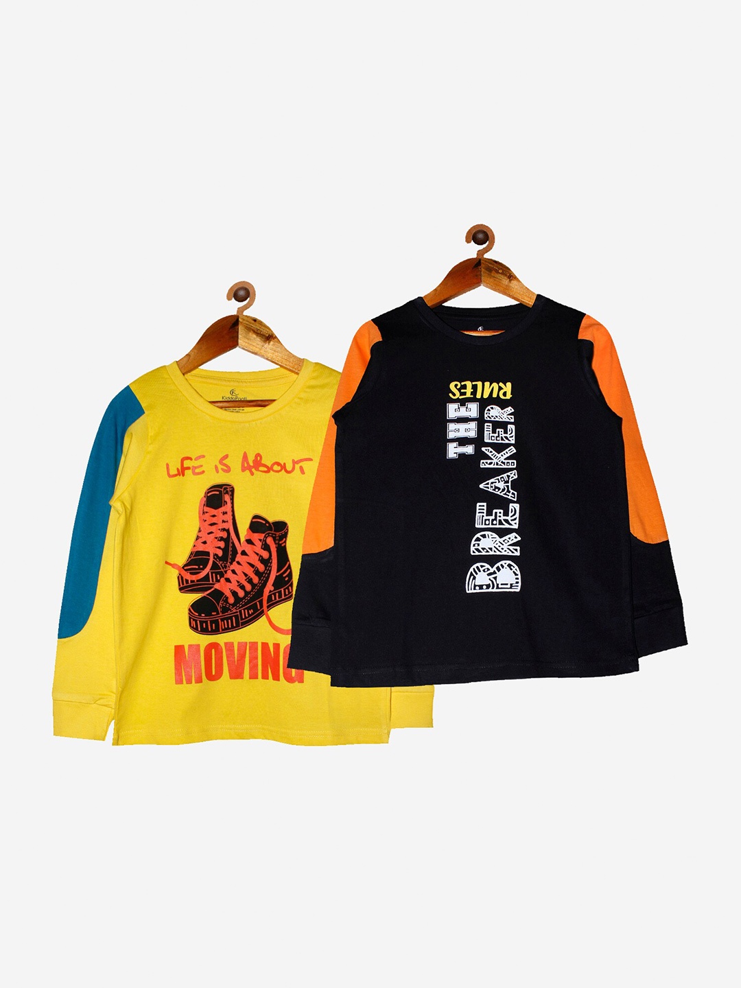 

KiddoPanti Boys Yellow Typography 2 Printed Applique T-shirt