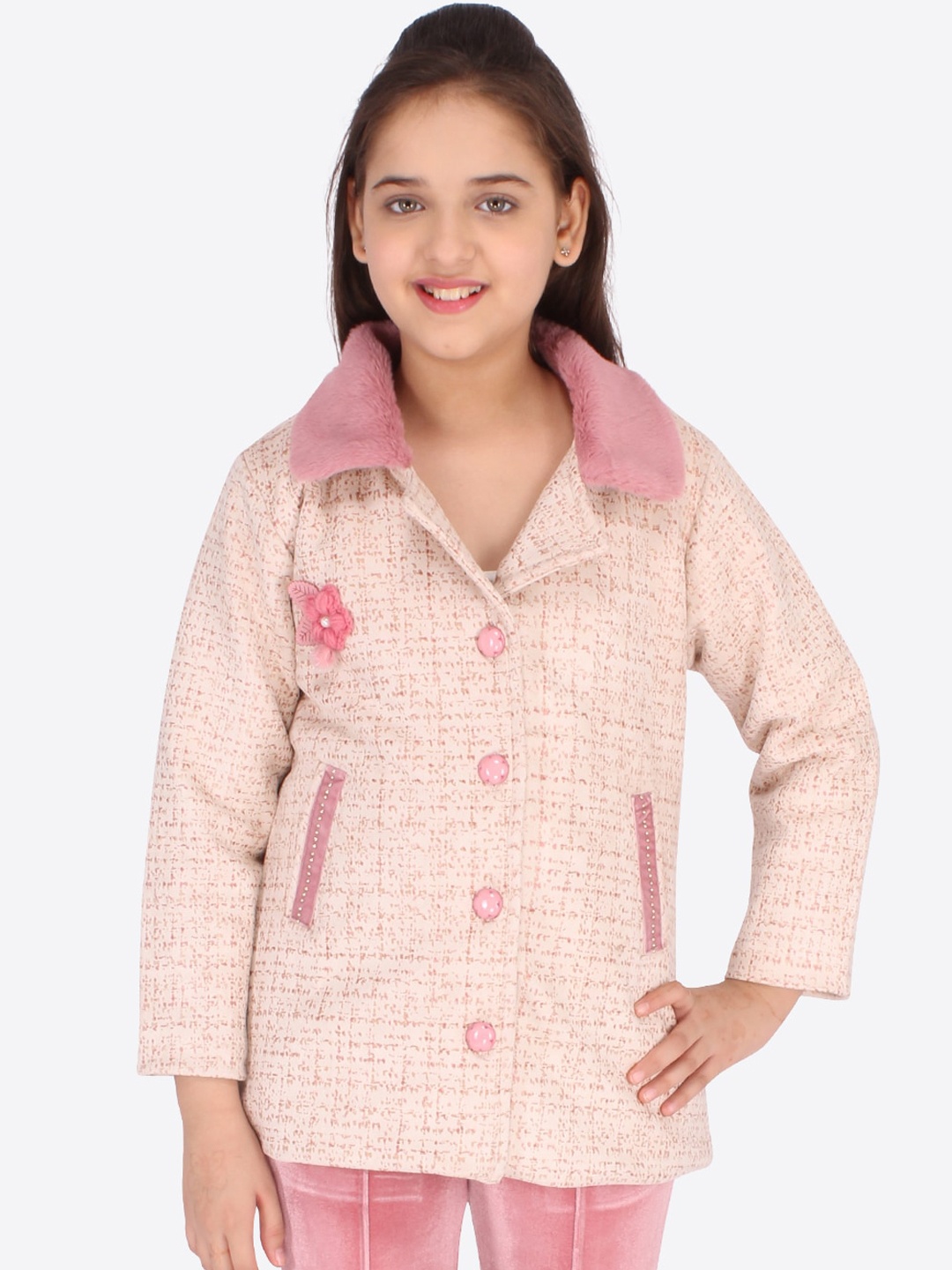 

CUTECUMBER Girls Pink Geometric Suede Crop Tailored Jacket