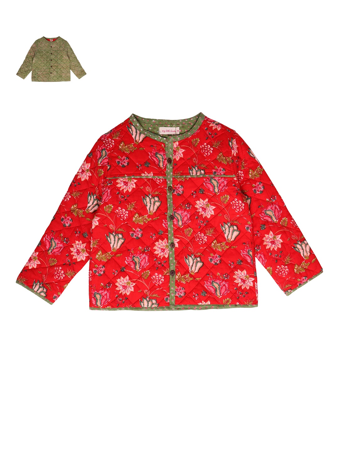 

My Little Lambs Girls Red Floral Lightweight Crop Open Front Jacket with Embroidered