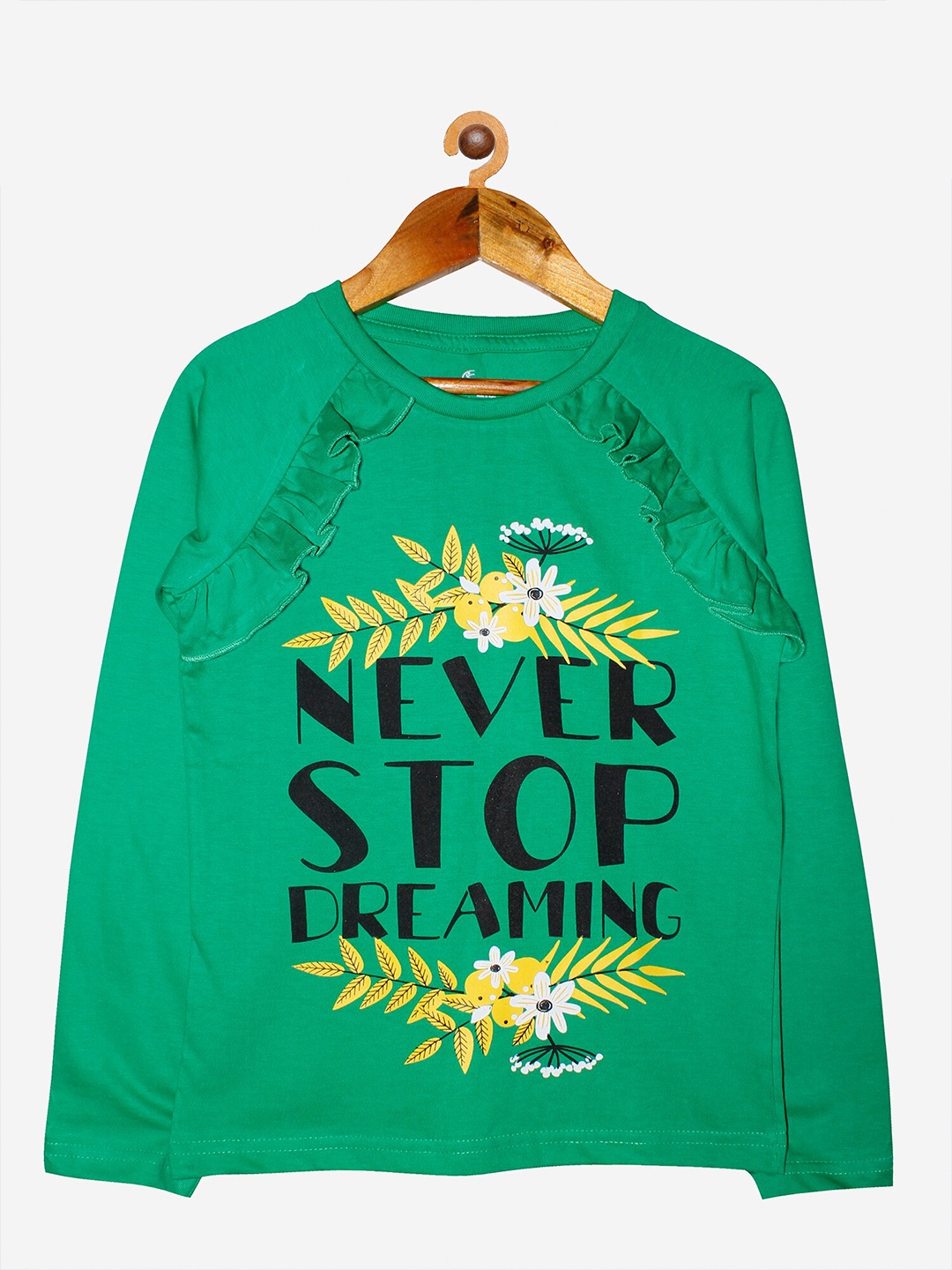 

KiddoPanti Girls Green & Black Typography Printed Pure Cotton T-shirt
