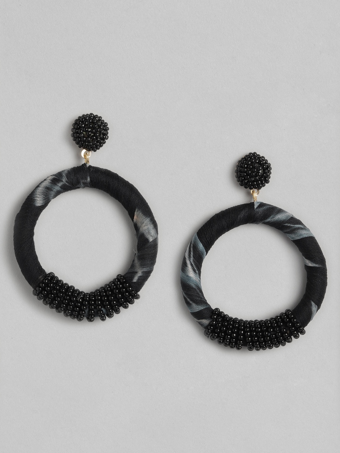 

DressBerry Black & Grey Beaded Circular Drop Earrings