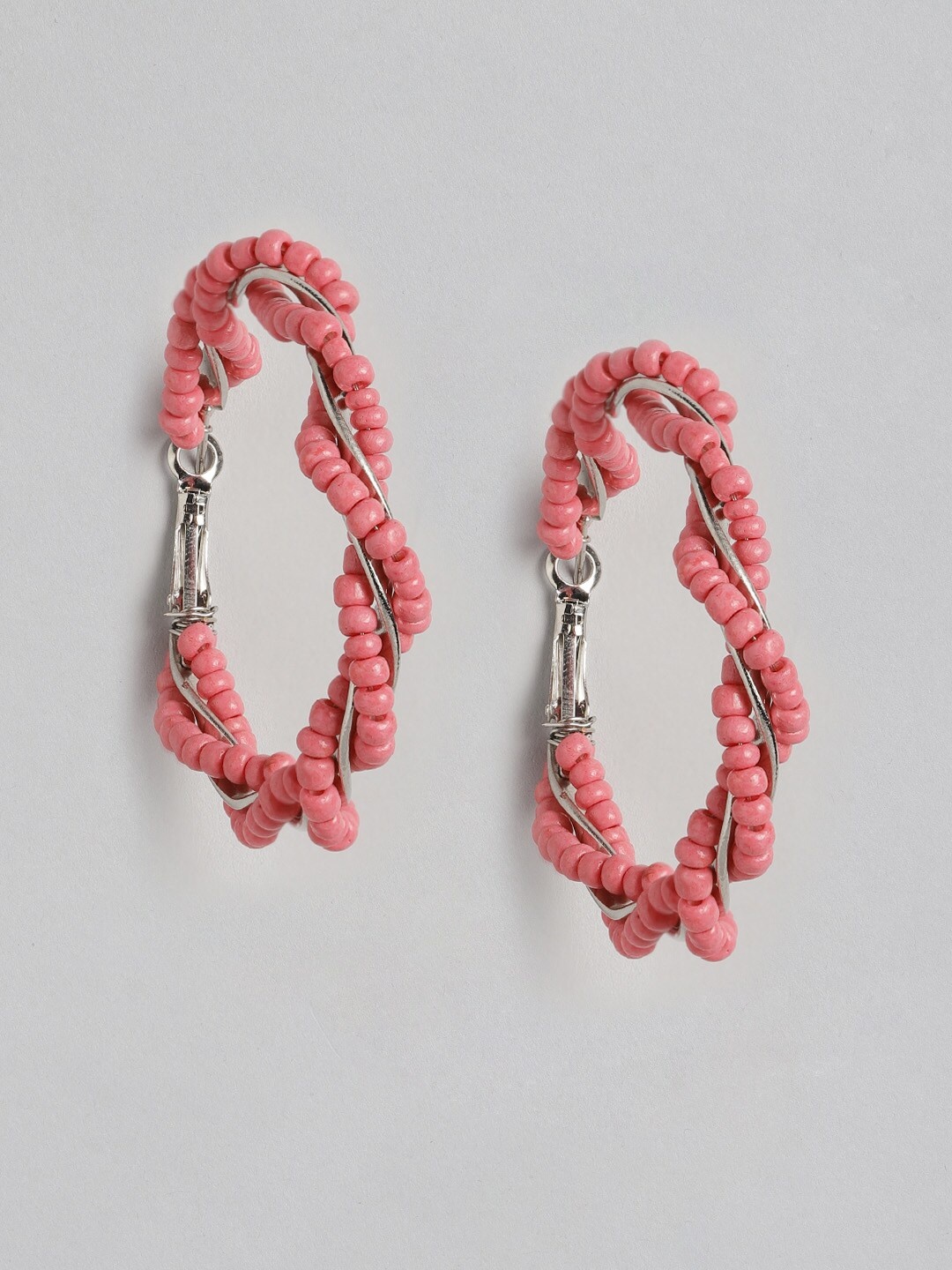 

DressBerry Silver-Toned & Pink Beaded Circular Hoop Earrings