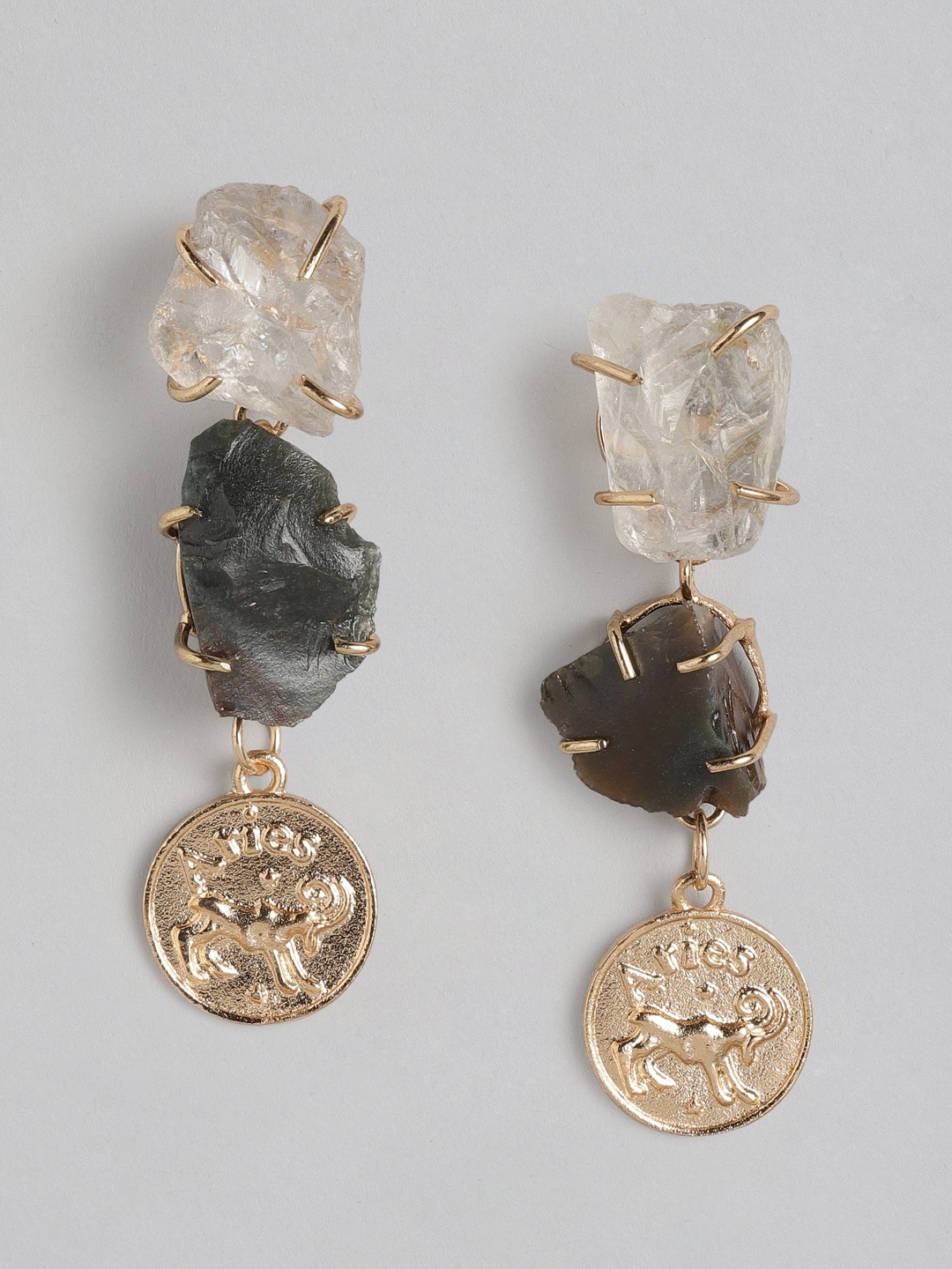 

DressBerry Gold-Toned & Charcoal Grey Stone Studded Contemporary Drop Earrings