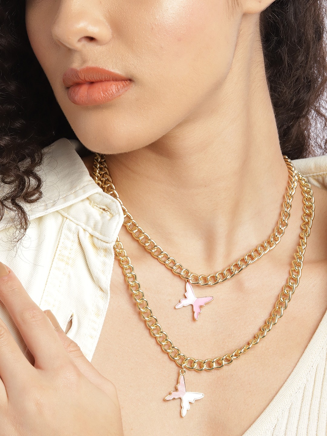 

DressBerry Gold-Toned & Pink Enamelled Layered Necklace