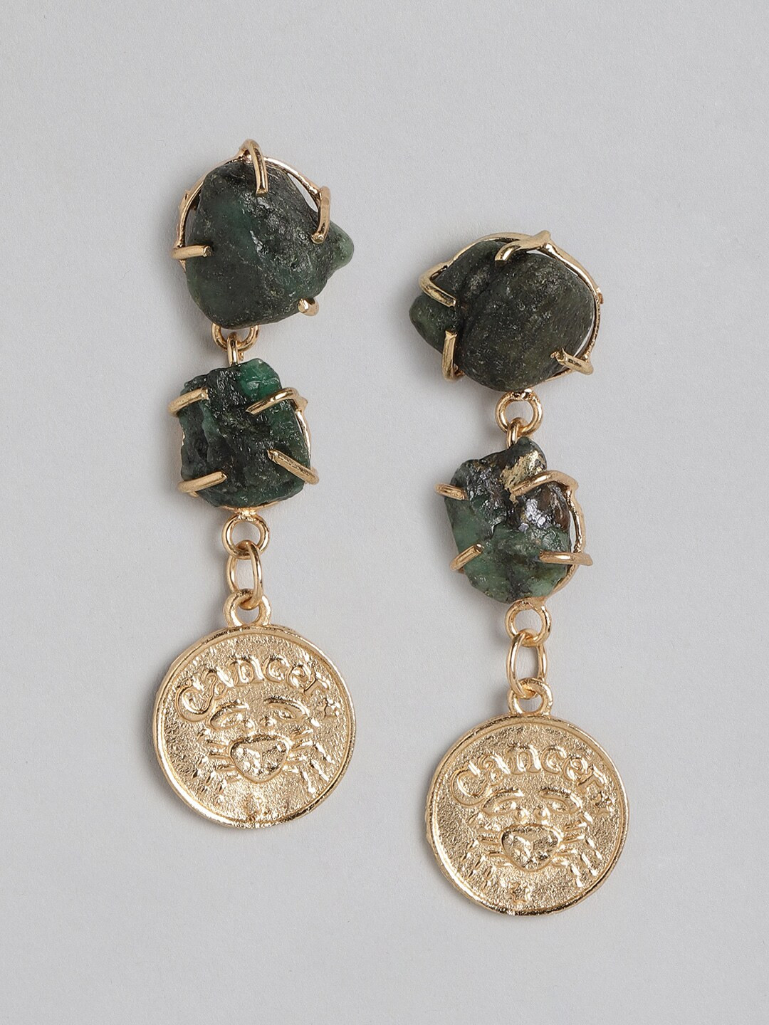 

DressBerry Gold-Toned & Green Stone Studded Contemporary Drop Earrings