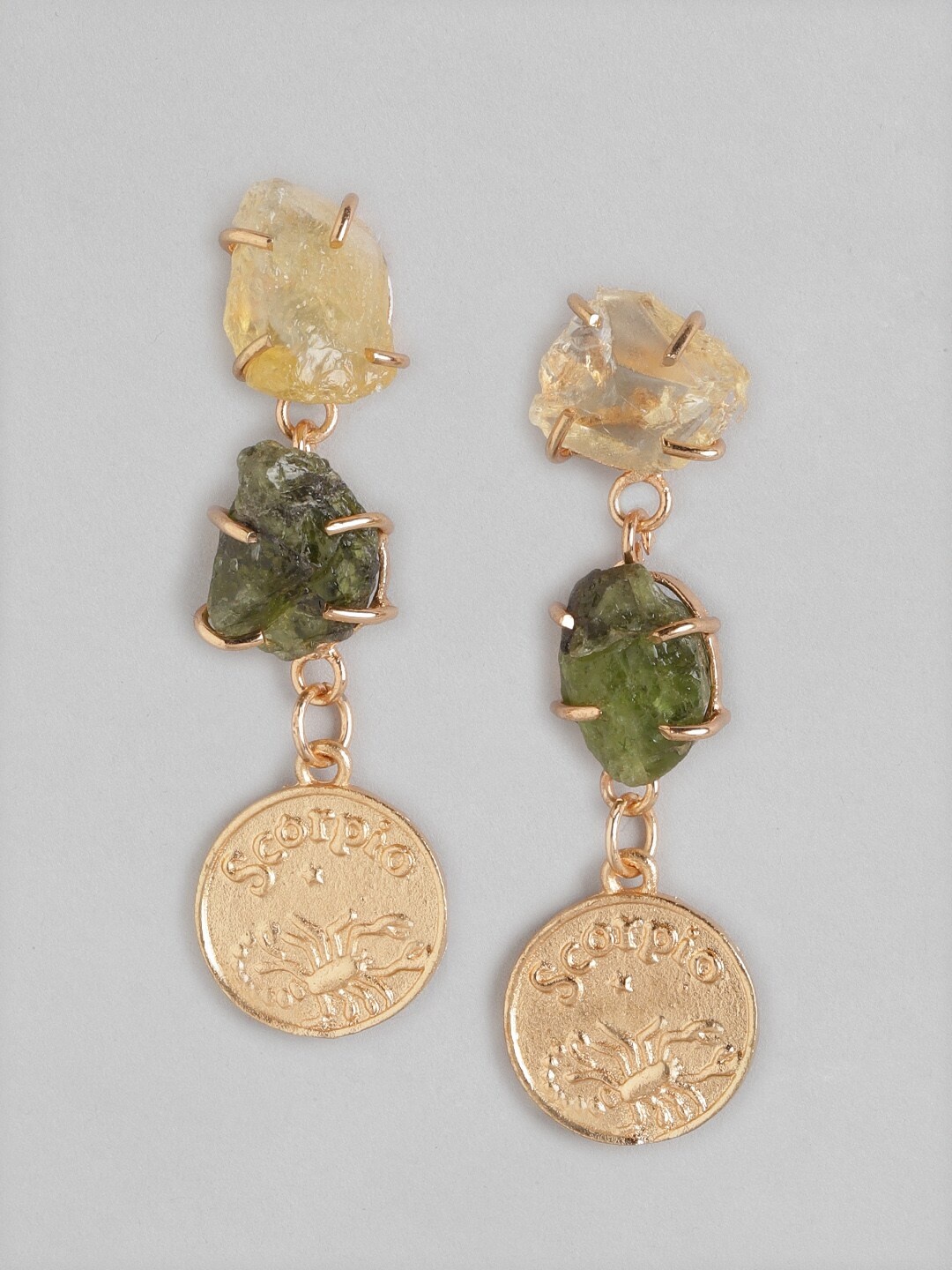 

DressBerry Gold-Toned & Green Scorpio Zodiac Sign Stone Studded Contemporary Drop Earrings