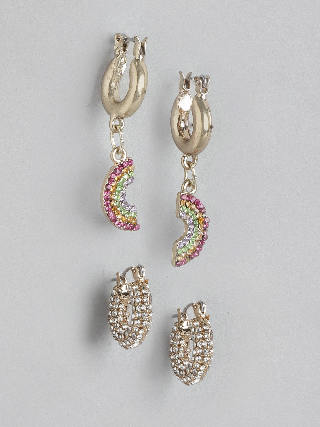 

DressBerry Set of 2 Gold-Toned Stone-Studded Hoop Earrings