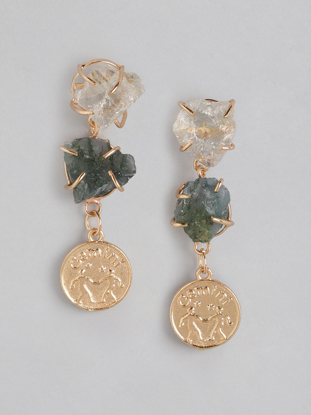 

DressBerry Gold-Toned & Green Stone Studded Contemporary Gemini Zodiac Sign Drop Earrings