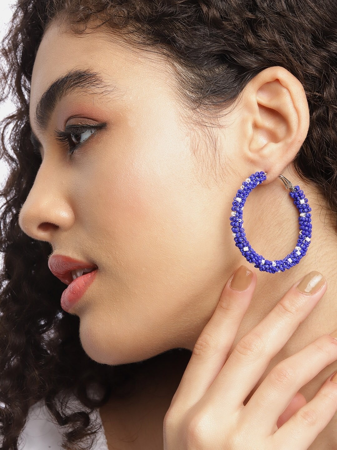 

DressBerry Blue & White Beaded Circular Hoop Earrings