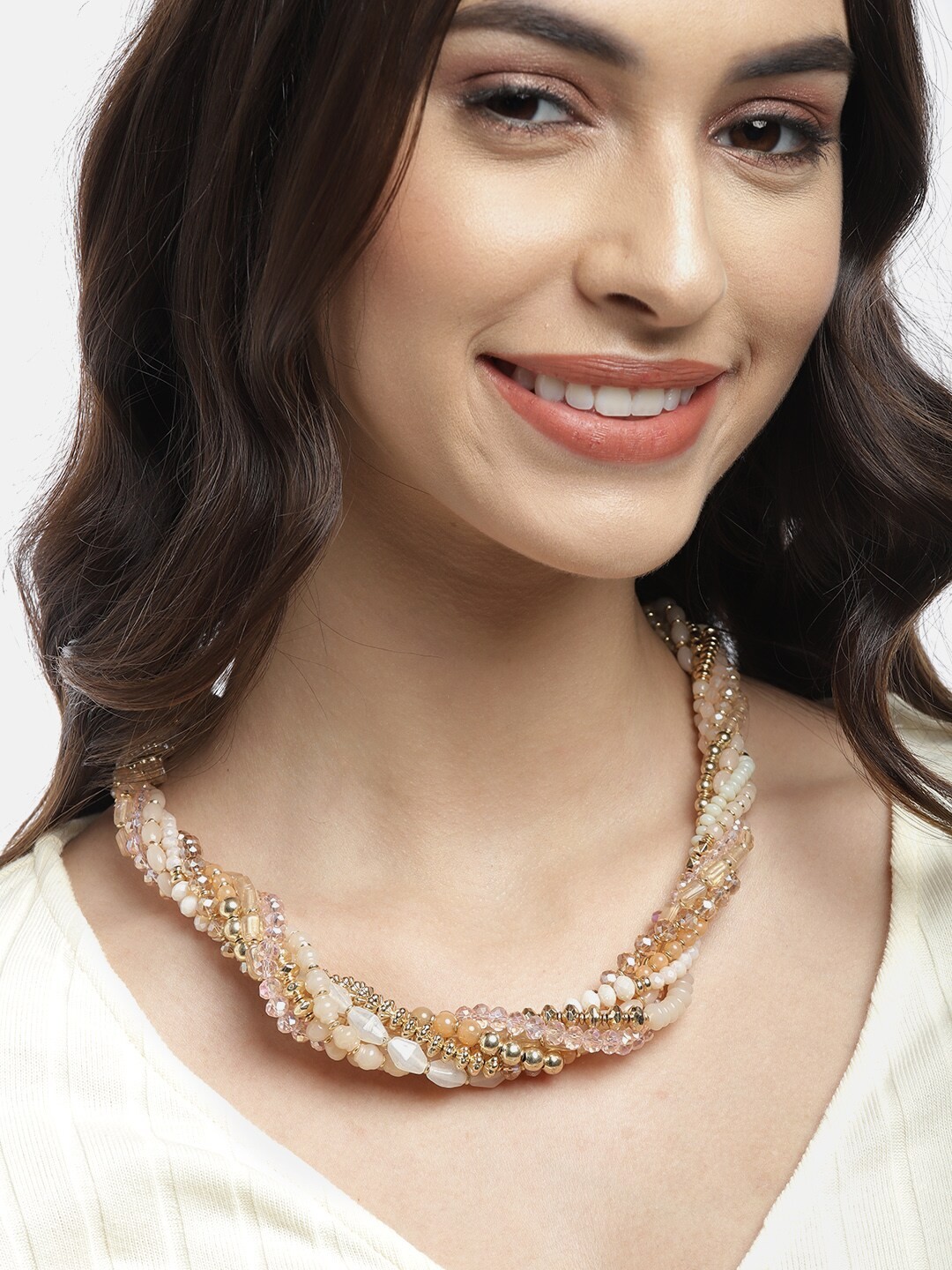 

DressBerry Gold-Toned & Off-White Beaded Multistranded Twisted Necklace