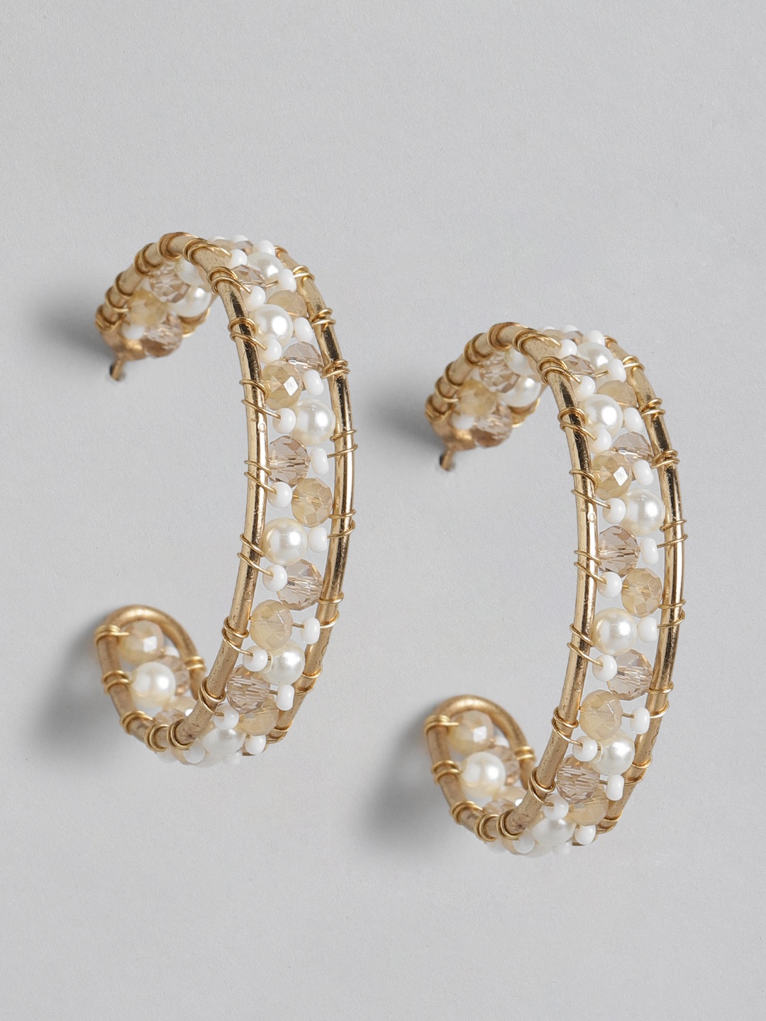 

DressBerry Gold-Toned & Off-White Beaded Crescent Shaped Half Hoop Earrings