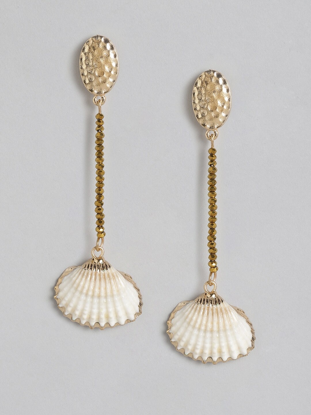 

DressBerry Gold-Toned & White Beaded Shell Hammered Contemporary Drop Earrings
