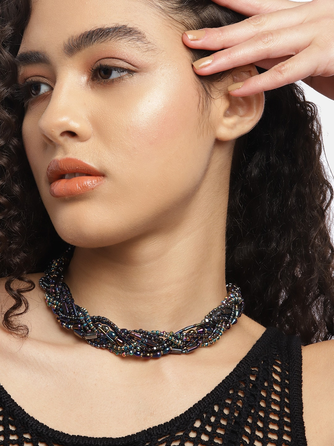 

DressBerry Navy Blue & Green Beaded Statement Necklace