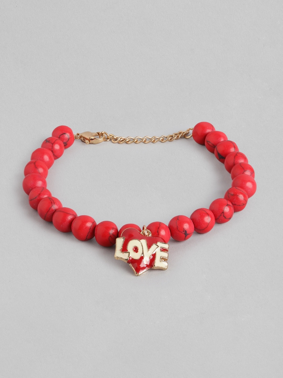 

DressBerry Women Red & Gold-Toned Beaded Love Detail Enamelled Bracelet