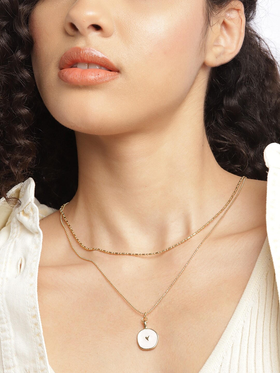 

DressBerry Gold-Toned & Off White Layered Enamelled Necklace with Heart Detail