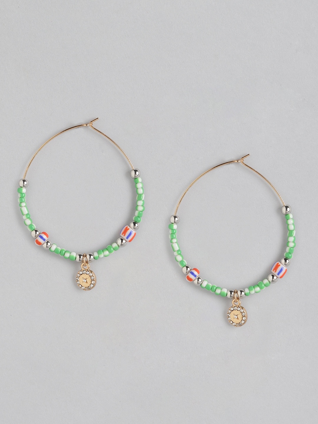 

DressBerry Gold-Toned & Green Stone Studded & Beaded Hoop Earrings