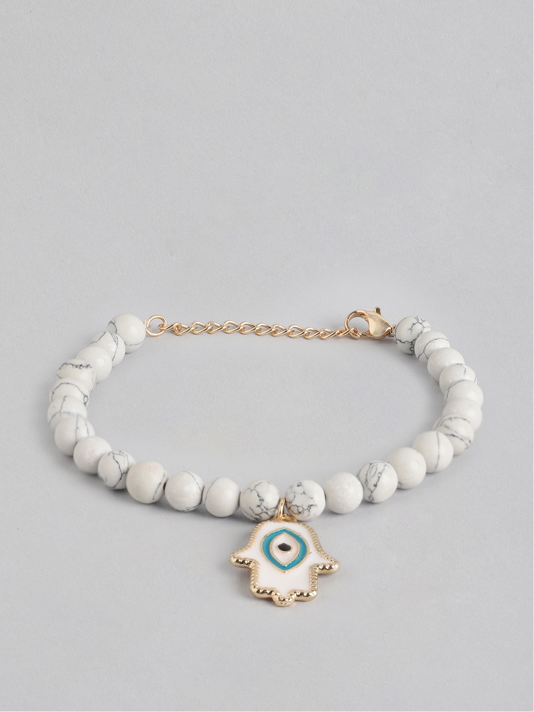 

DressBerry Women Off-White & Gold-Toned Beaded Evil Eye Detail Enamelled Bracelet