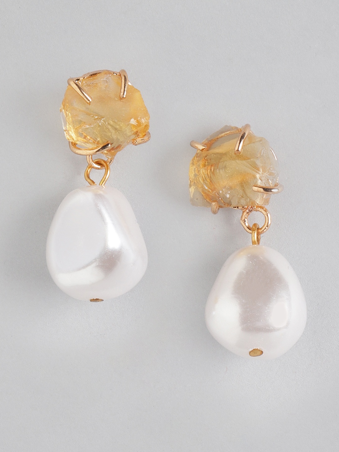 

DressBerry Off White & Gold-Toned Stone Studded & Beaded Contemporary Drop Earrings