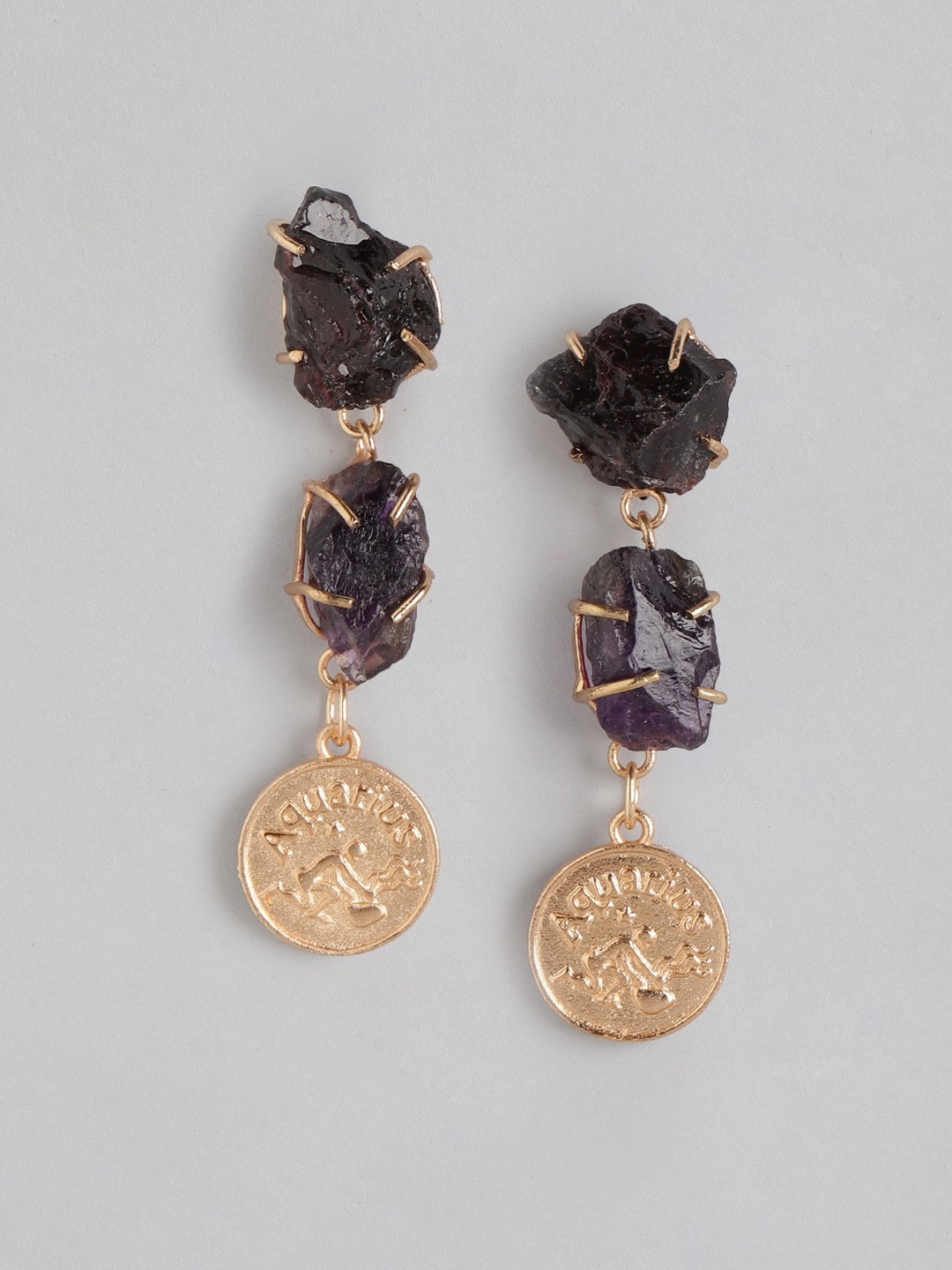 

DressBerry Black & Gold-Toned Stone Studded Aquarius Zodiac Drop Earrings