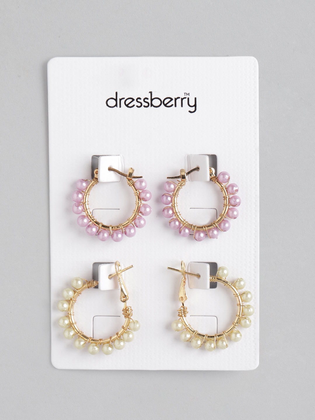 

DressBerry Women Set of 2 Lavender & Off-White Beaded Hoop Earrings, Gold