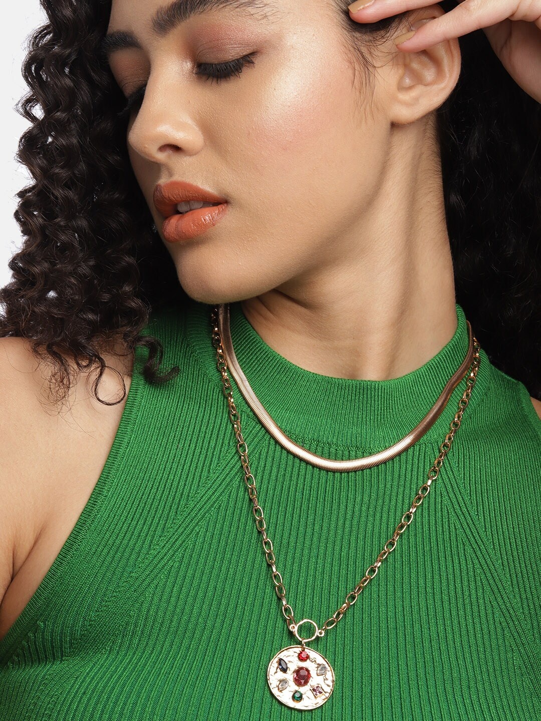 

DressBerry Rose Gold-Toned & Pink Stone Studded Layered Necklace