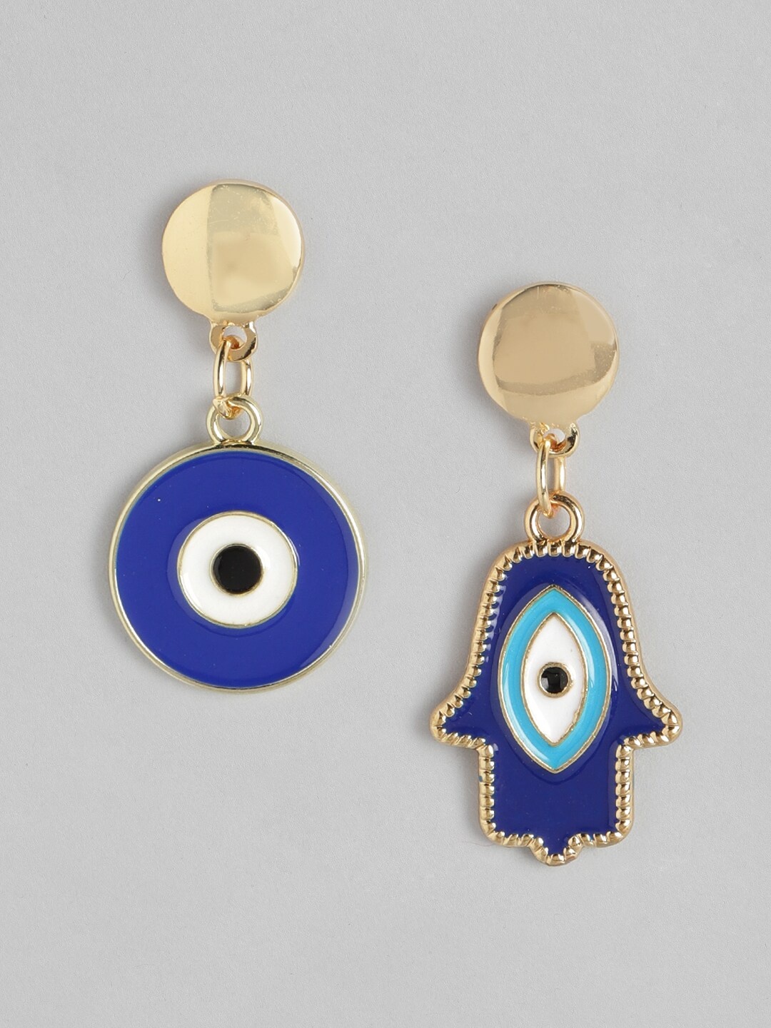 

DressBerry Blue & Gold-Toned Mismatch Evil Eye Enameled Circular Drop Earrings