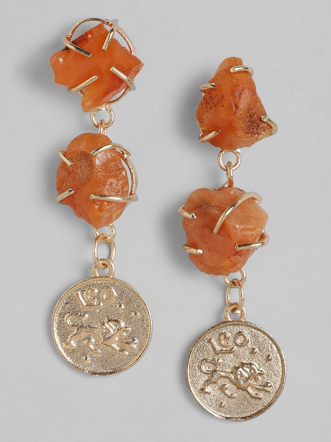 

DressBerry Rust Orange & Gold-Toned Stone-Studded Leo Zodiac Circular Drop Earrings
