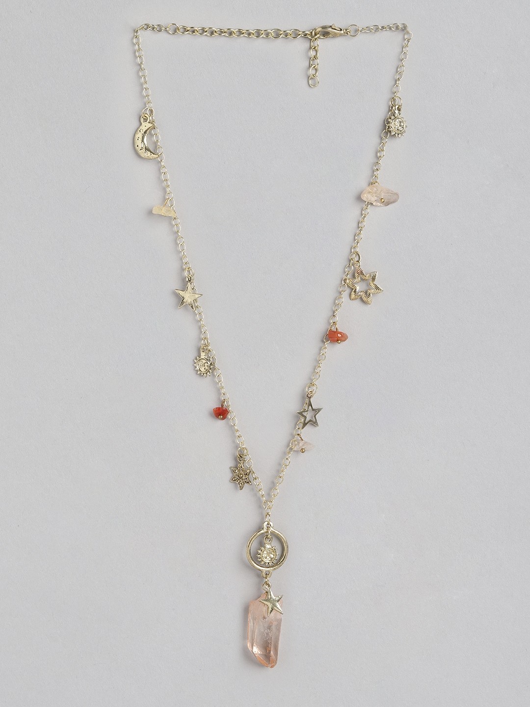 

DressBerry Gold-Toned & Pink Bohemian Stone Studded Moon & Star Charm Link Necklace