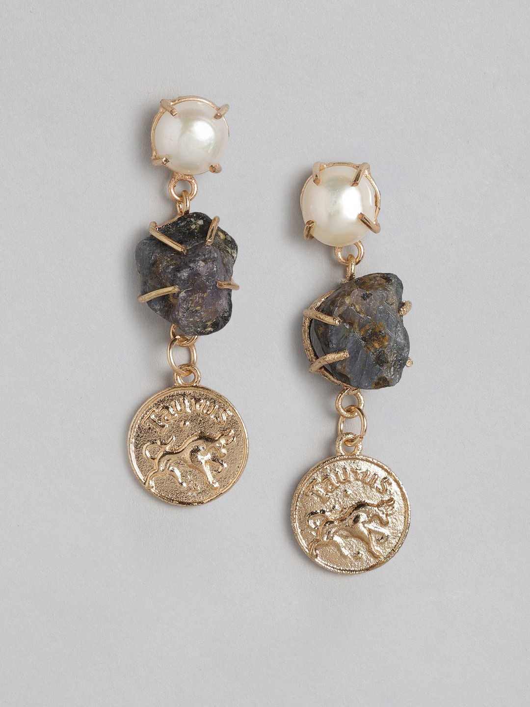 

DressBerry Gold-Toned & Black Stone-Studded & Beaded Taurus Zodiac Circular Drop Earrings