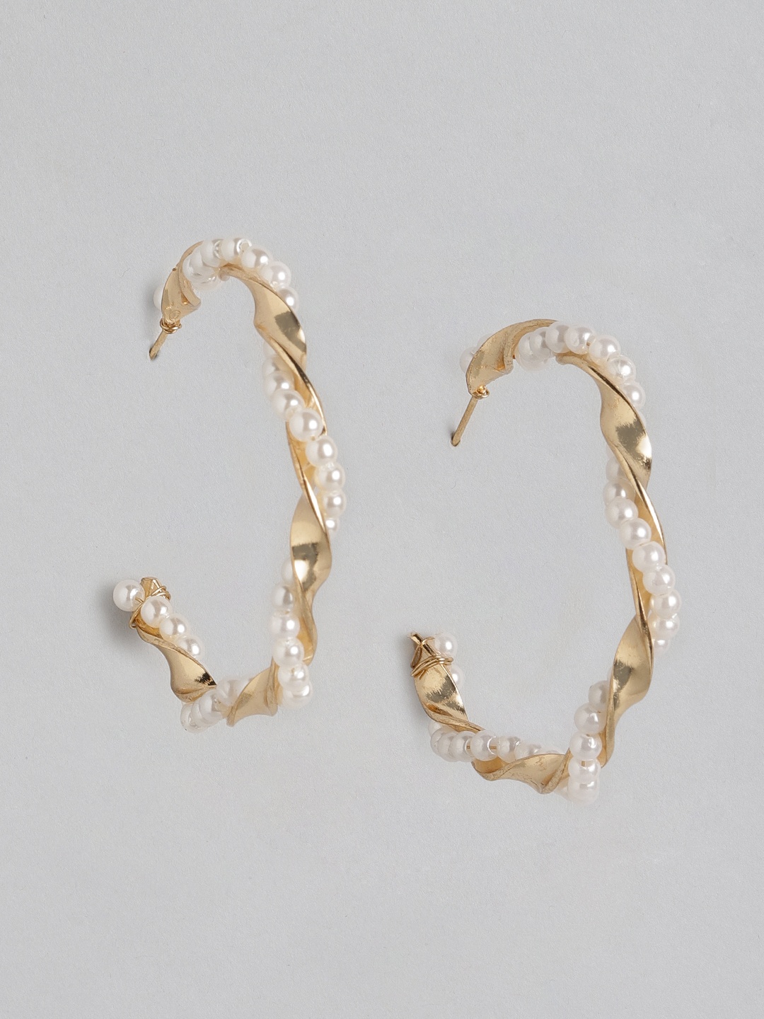 

DressBerry Gold-Toned & Off White Crescent Shaped Beaded Half Hoop Earrings
