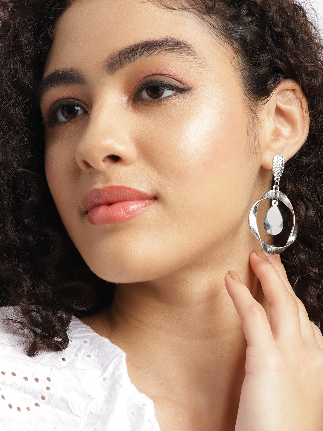 

DressBerry Silver-Toned Contemporary Drop Earrings with Hammered Detail