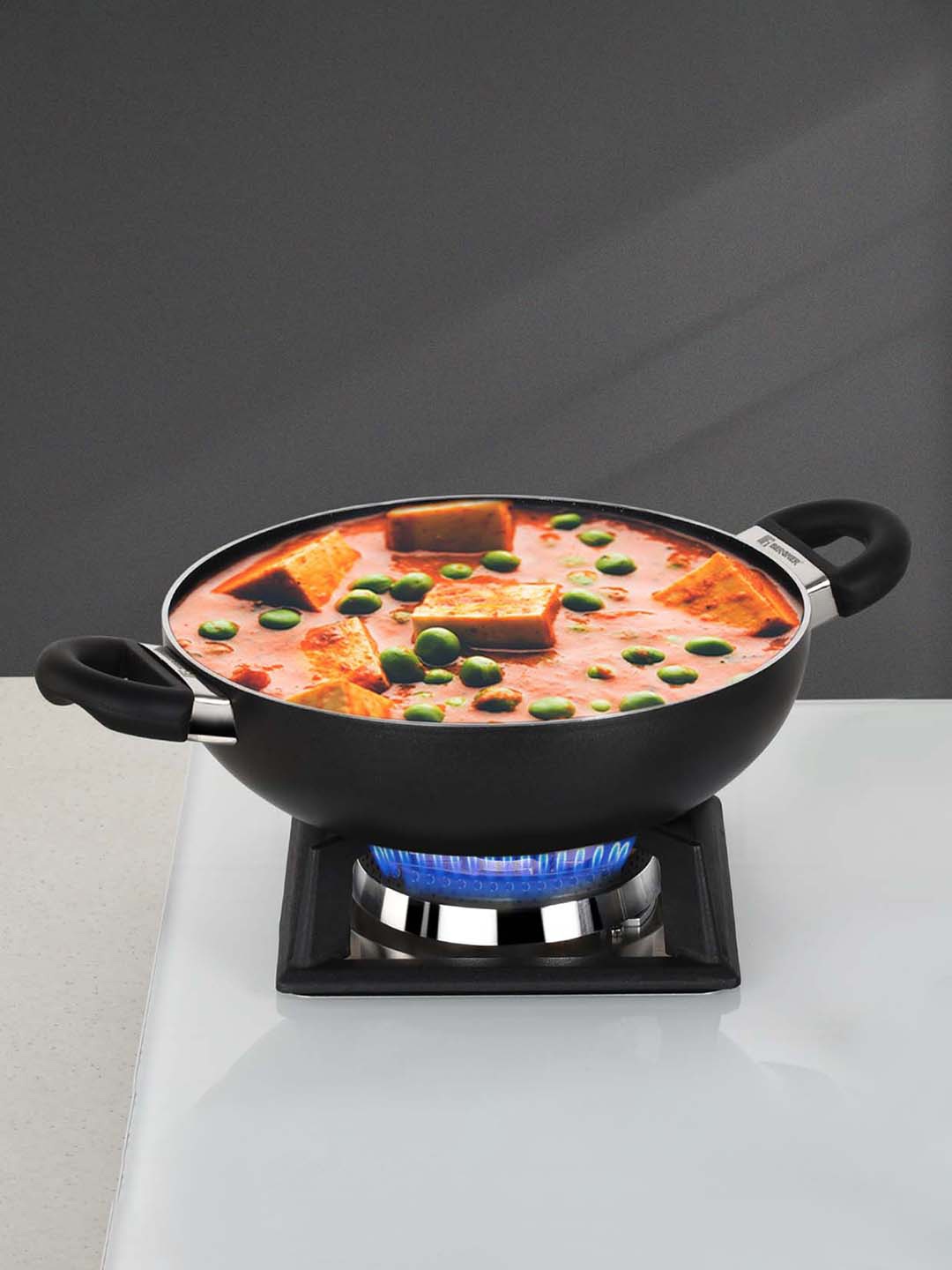 

BERGNER Black & Transparent Solid Dishwasher Safe Non-Stick Aluminium Kadai with Glass Lid