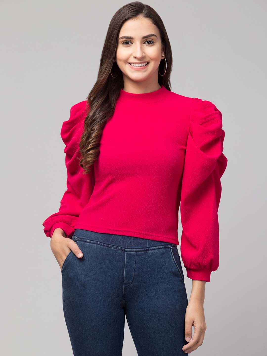 

Orchid Blues Fuchsia Bishop Sleeves Net Regular Top