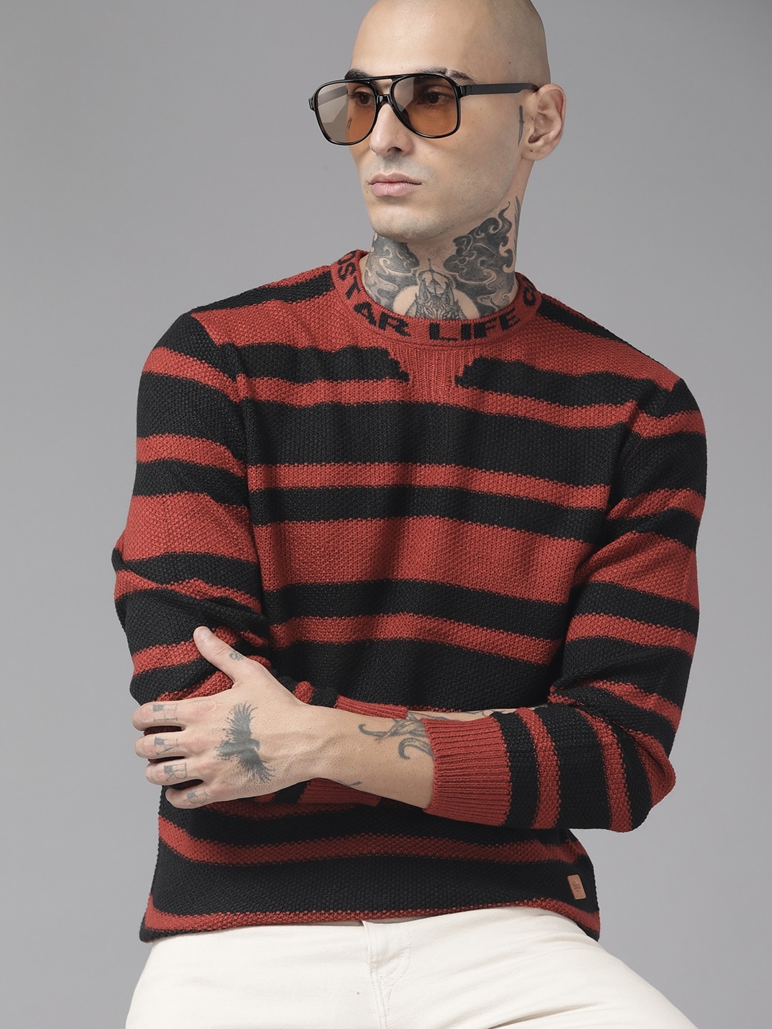 

The Roadster Lifestyle Co. Men Rust Brown & Black Striped Acrylic Pullover