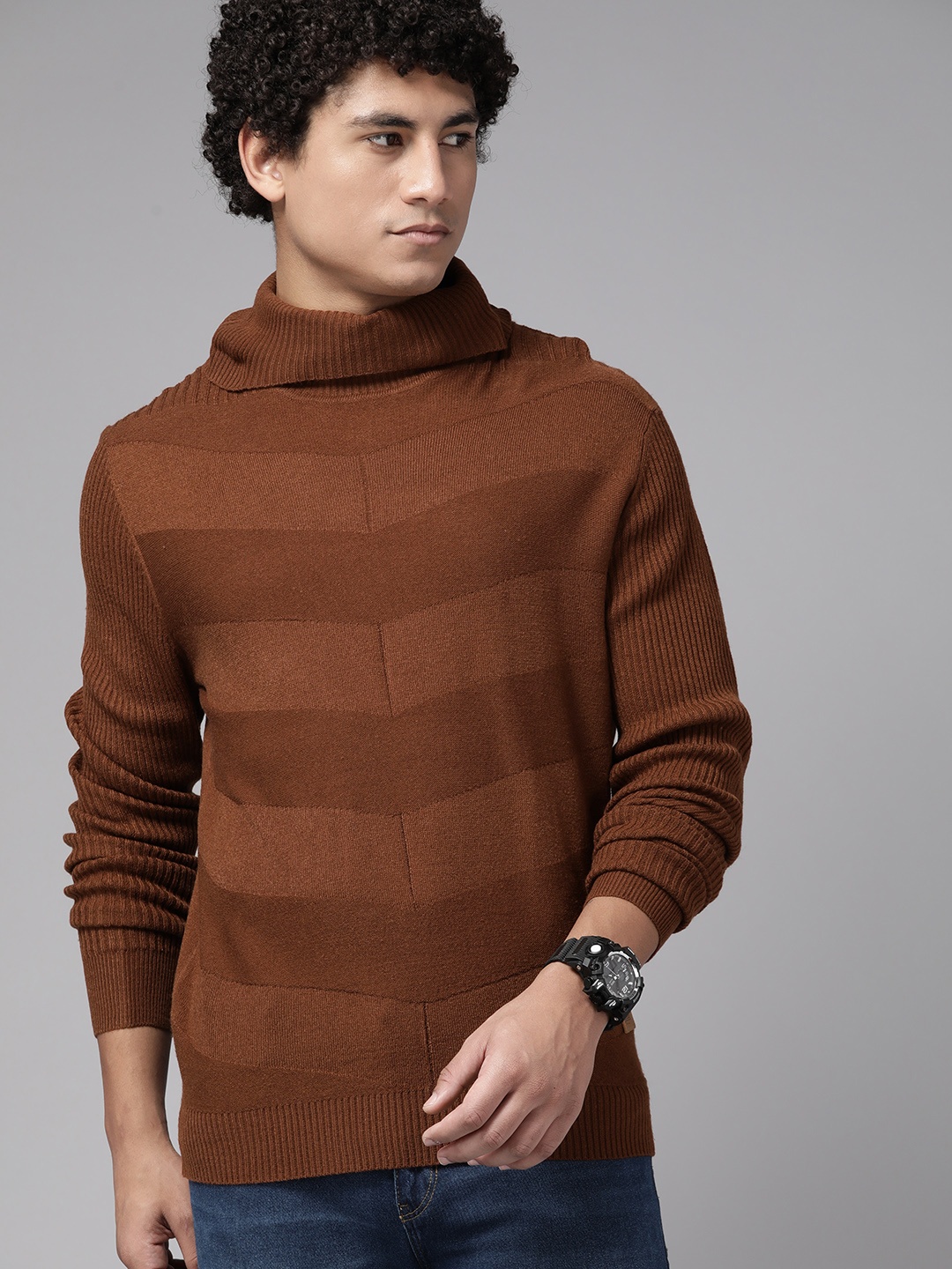 

The Roadster Lifestyle Co. Men Self-Striped Pullover, Brown