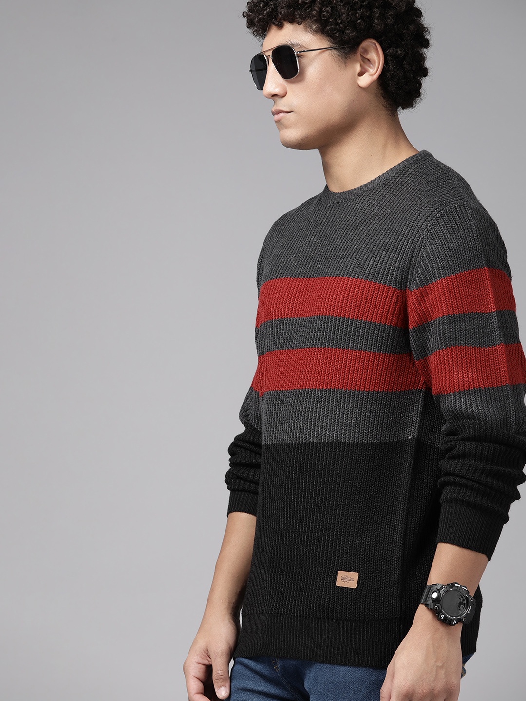 

The Roadster Lifestyle Co. Men Striped Colourblocked Pullover, Charcoal