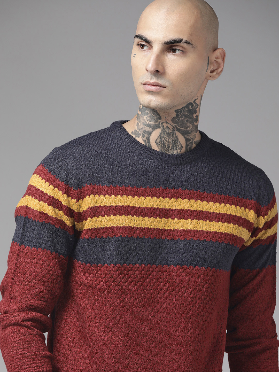 

The Roadster Lifestyle Co. Men Maroon & Navy Blue Striped Acrylic Pullover