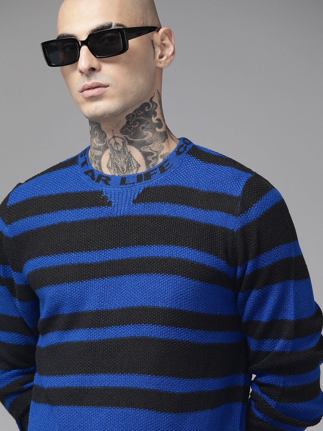 

The Roadster Lifestyle Co. Men Blue & Black Striped Acrylic Pullover