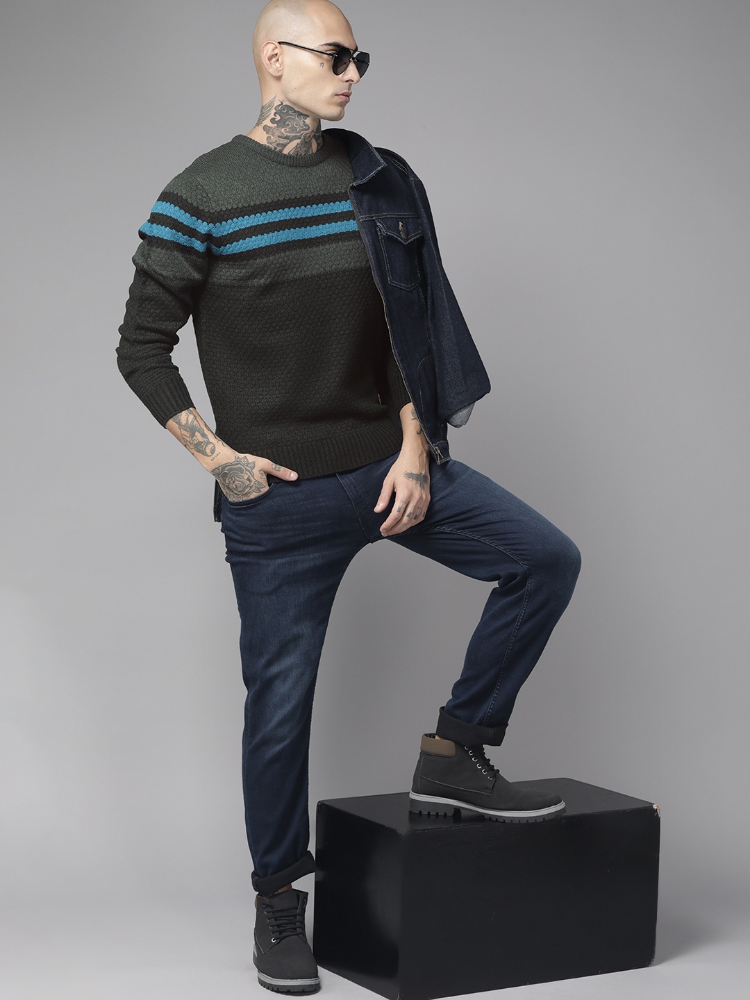 

The Roadster Lifestyle Co. Men Black & Teal Blue Striped Acrylic Pullover