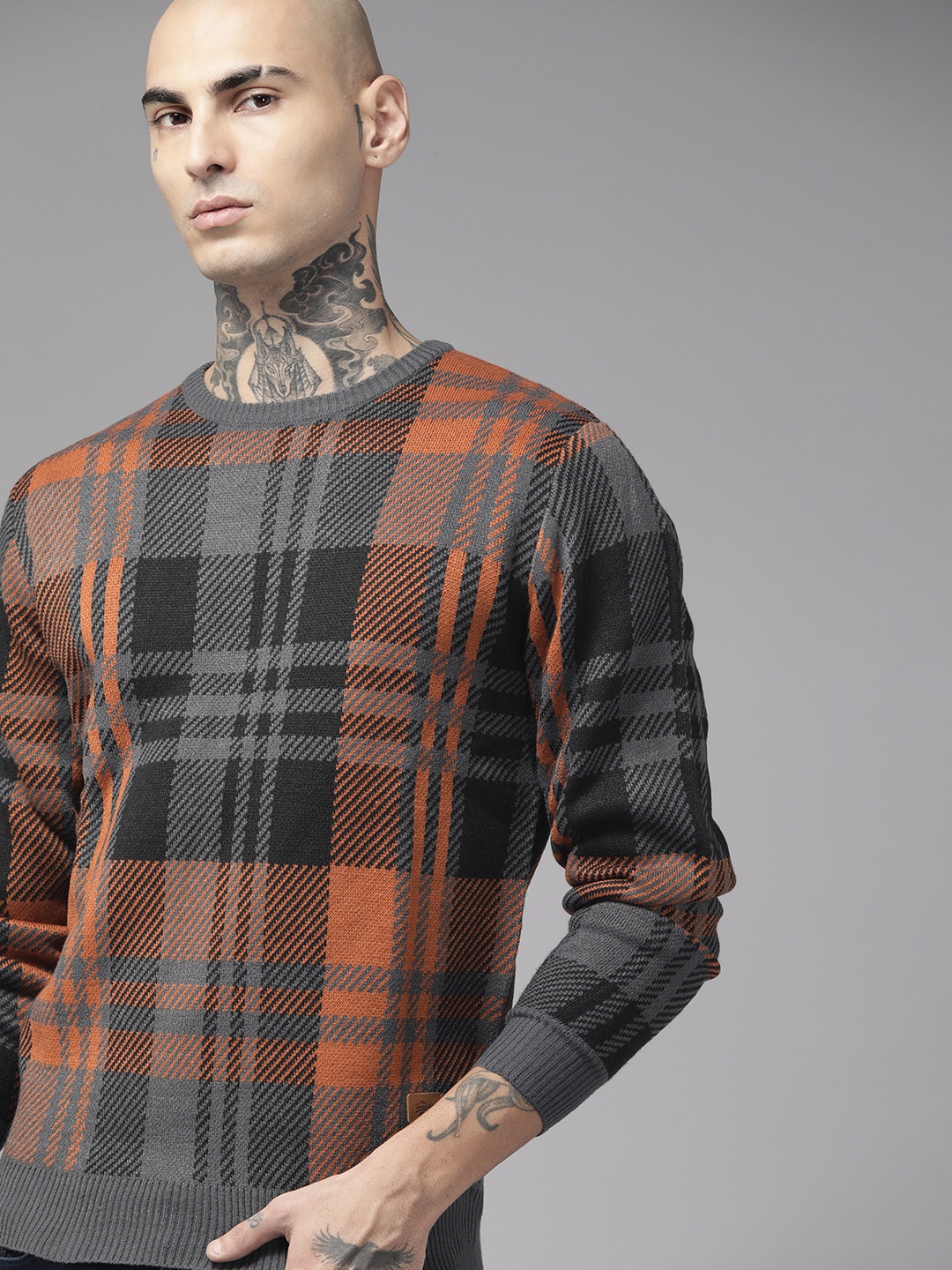 

The Roadster Lifestyle Co. Men Grey & Rust Orange Checked Acrylic Pullover