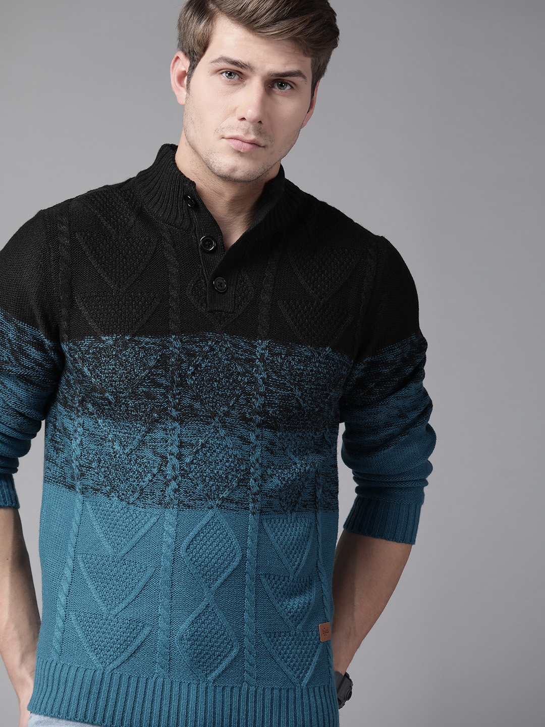 

Roadster Men Black Teal Blue Cable Knit Pullover