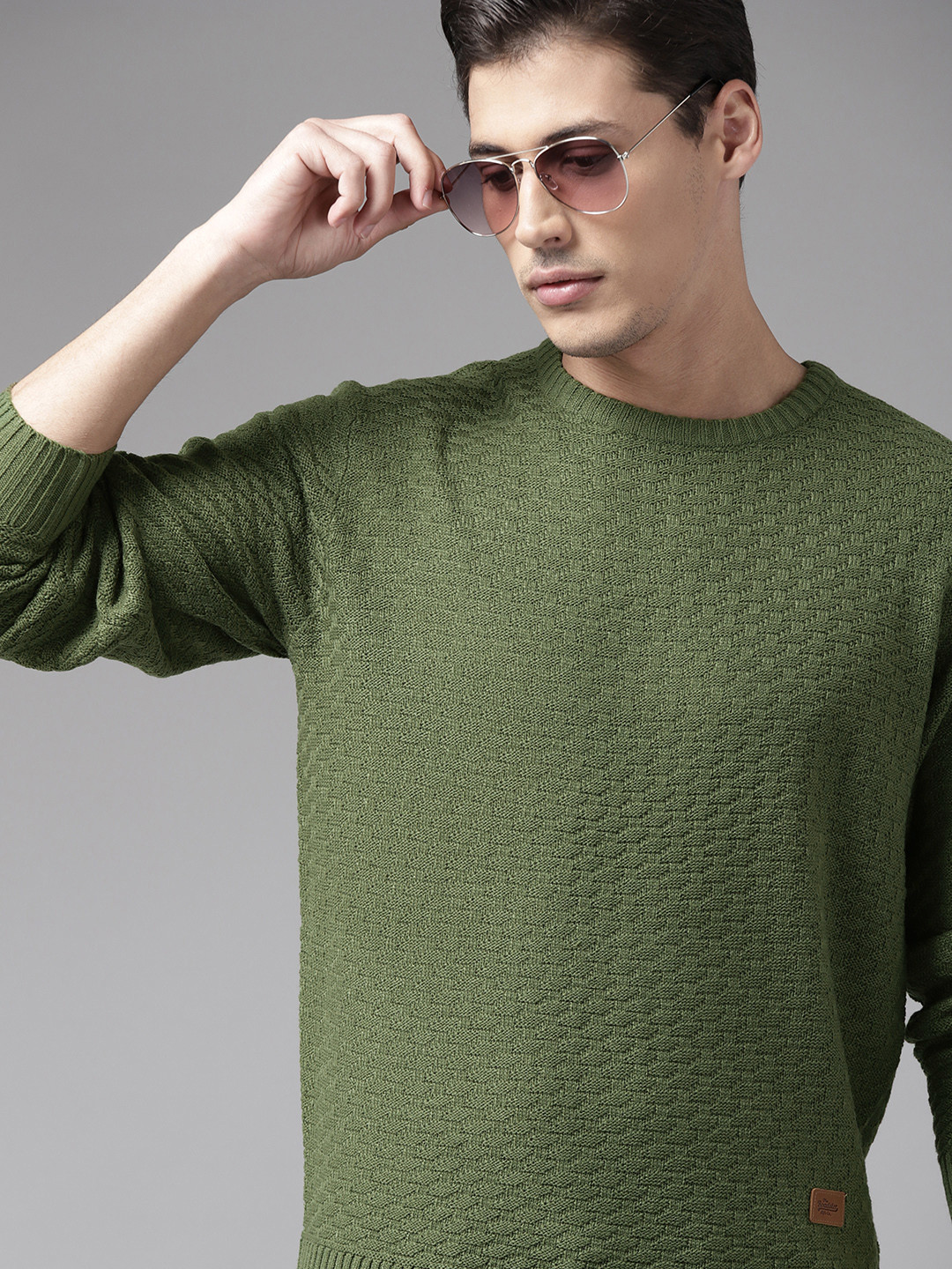 

The Roadster Lifestyle Co Men Olive Green Self Design Pullover