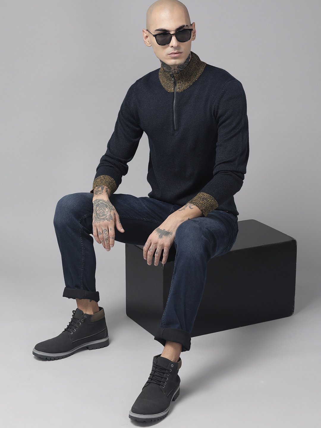 

The Roadster Lifestyle Co. Men Navy Blue Solid Acrylic Half Zipper Pullover