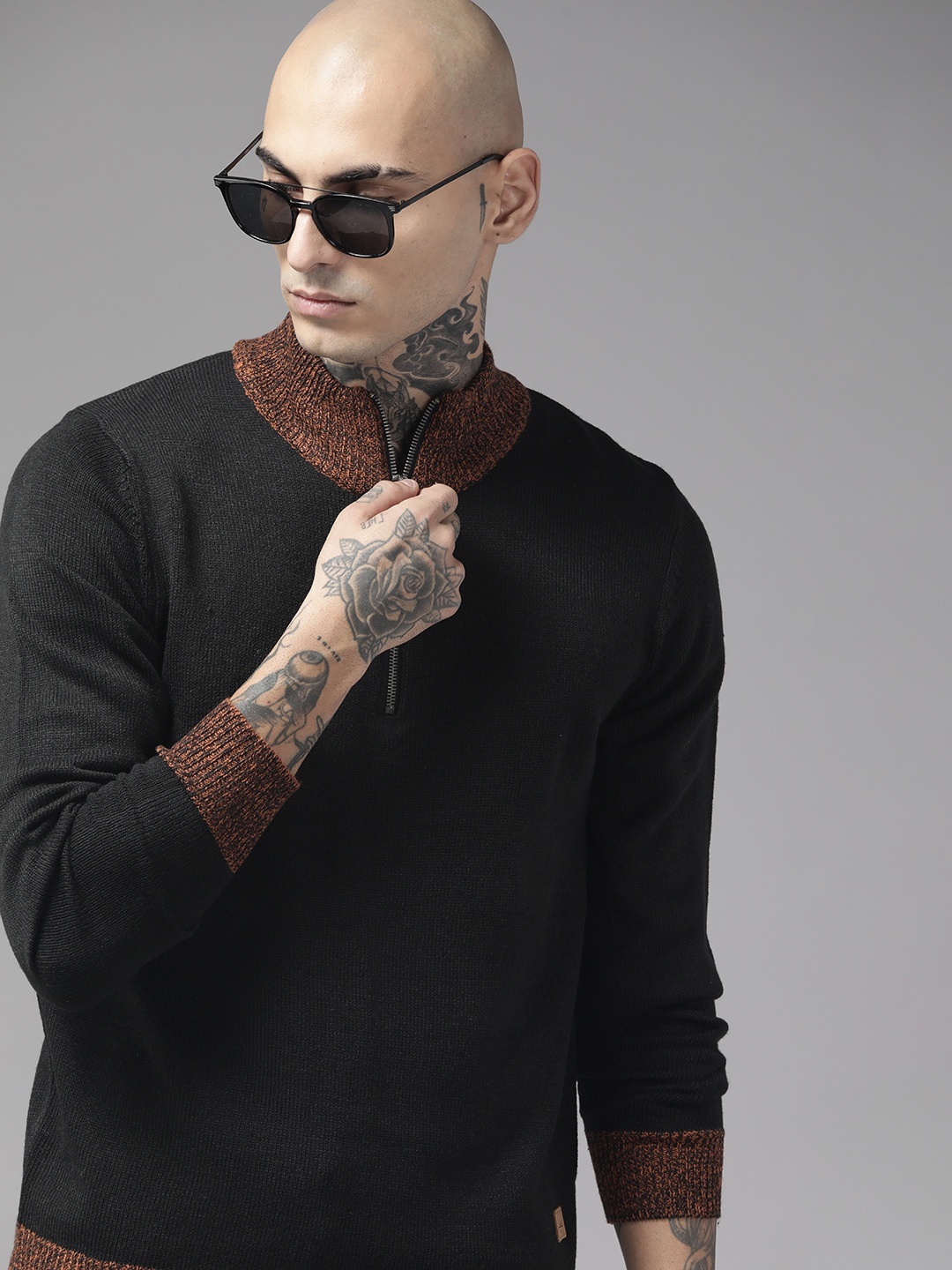 

The Roadster Lifestyle Co. Men Black Solid Acrylic Half Zipper Pullover