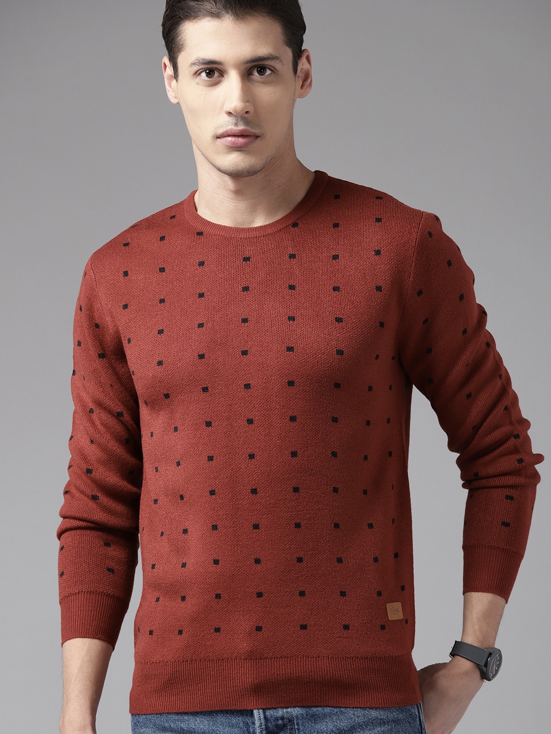 

The Roadster Lifestyle Co Men Brown & Black Self Design Pullover