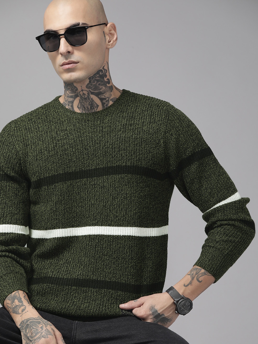 

The Roadster Lifestyle Co. Men Olive Green & Black Striped Acrylic Pullover