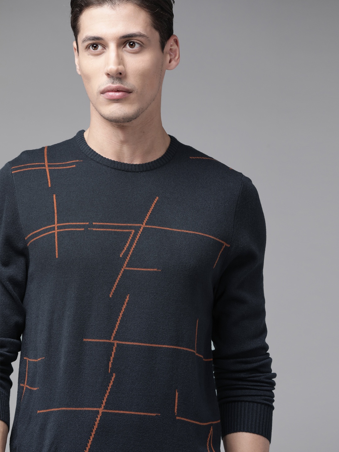 

The Roadster Lifestyle Co Men Navy Blue & Brown Abstract Design Pullover
