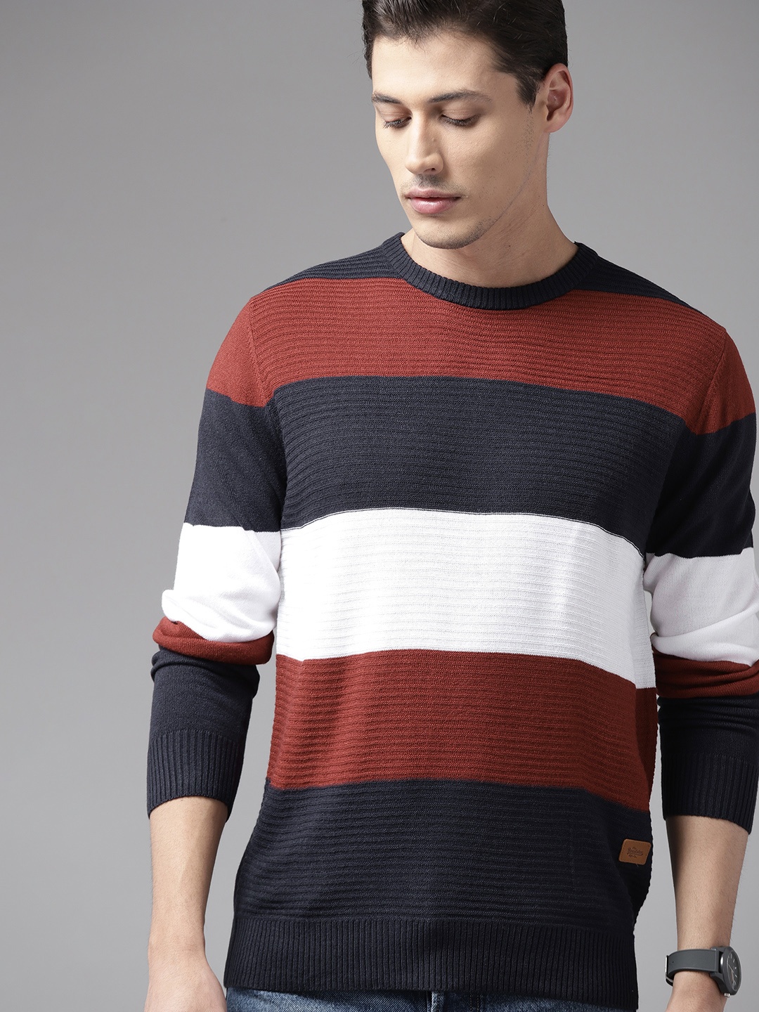 

The Roadster Lifestyle Co Men Navy Blue & White Colourblocked Pullover