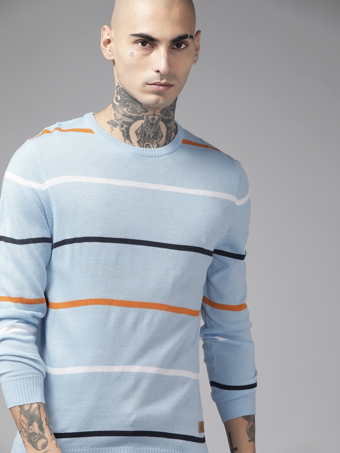

The Roadster Lifestyle Co. Men Blue & White Striped Acrylic Pullover