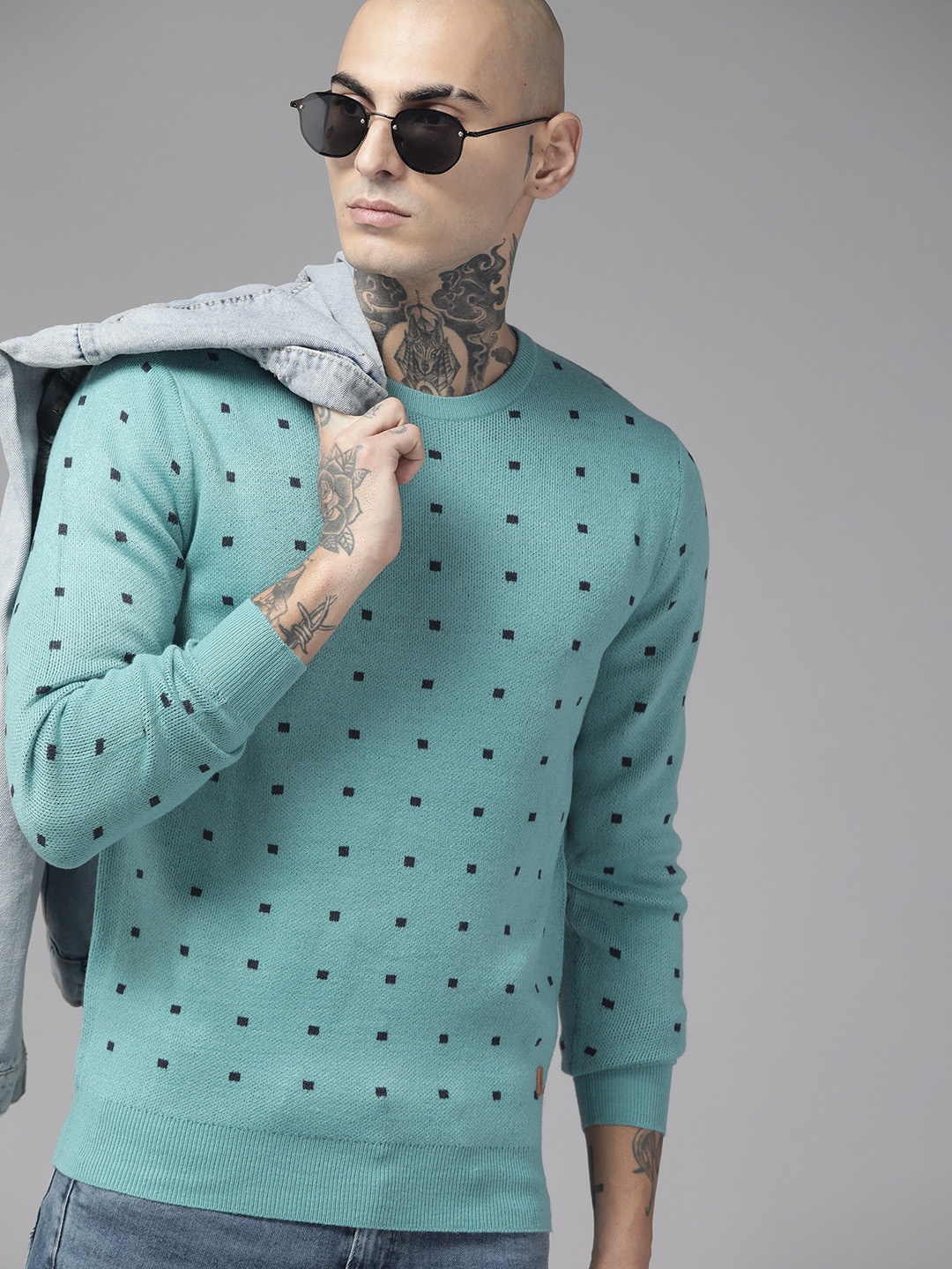 

The Roadster Lifestyle Co. Men Turquoise Blue & Black Geometric Pattern Acrylic Pullover